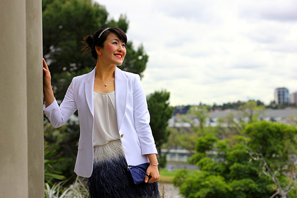 White Blazer with Feather Skirt