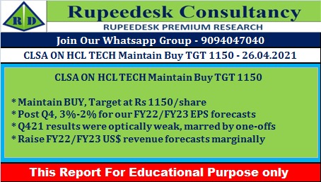 CLSA ON HCL TECH Maintain Buy TGT 1150 - 26.04.2021