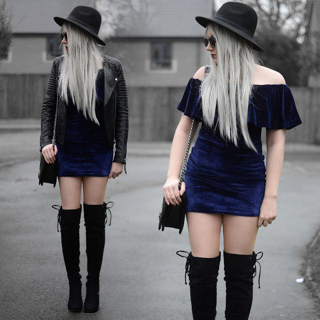 Sammi Jackson - Aliexpress Blue Velvet Dress / Topshop Biker Jacket / Boohoo Over Knee Boots