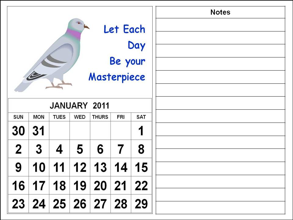 Cute Cartoon Calendar 2011 January for kids or children