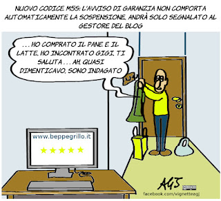 M5s, grillo, codice di comportamento, eletti, garantismo, indagati, avviso di garanzia, satira, vignetta