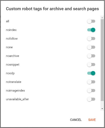 Custom robot tags for archive and search pages