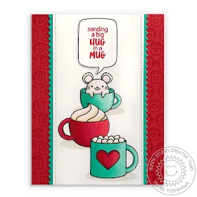Sunny Studio: Merry Mice & Mug Hugs Christmas Mouse Holiday Card (using Ric Rac Border Dies, Mug image from Feeling Frosty Stamps & Speech Bubble from Hogs & Kisses Stamps)