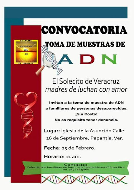 Convocatoria a familiares de desaparecidos muestra de ADN gratis en Papantla Veracruz