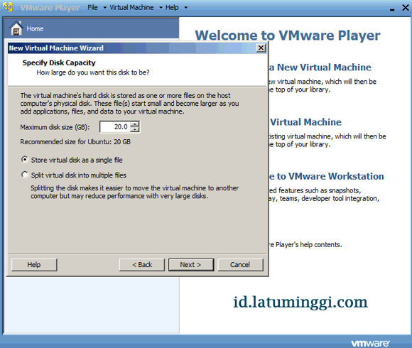 Menentukan besaran kapasitas disk untuk Ubuntu virtual machine pada VMware