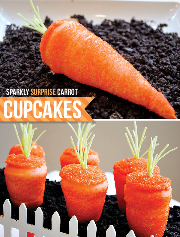 Did you see these Sparkly Surprise Carrot Cupcakes from Carrie of Half Baked