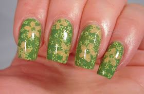 UberChic Beauty 16-02 over Sugar Flor Medusa, stamped with Moonflower Polishes stamping polish in Apple, Lemon, and Mango