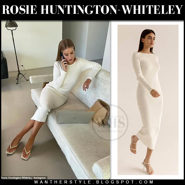 Rosie Huntington-Whiteley in white knit midi dress