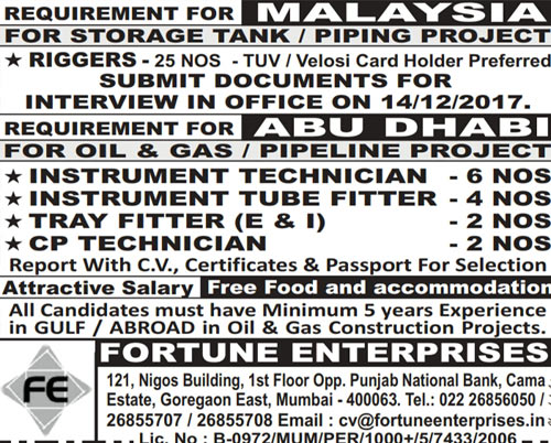 Oil & Gas Jobs in Malaysia and Abu Dhabi Job Vacancies | Fortune Enterprises 