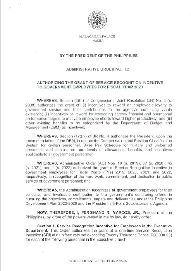 AUTHORIZING THE GRANT OF SERVICE RECOGNITION INCENTIVE TO GOVERNMENT EMPLOYEES FOR FISCAL YEAR 2023