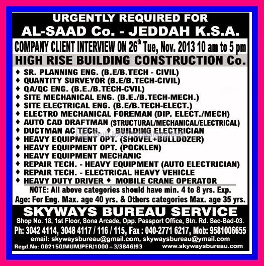 Urgently Required For Al Saad Construction Company KSA