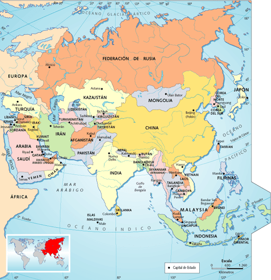 mapa europa fisico. Mapa físico de Asia
