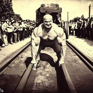 wide shot strongest man contest pulling a train forward down the tracks old-time B&W