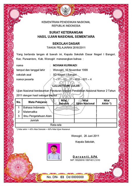 Surat Keterangan Hasil Ujian Nasional (SKHUN) Sementara 