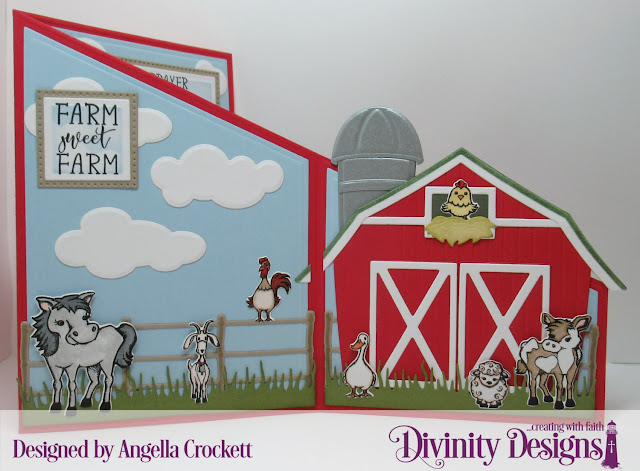 Divinity Designs LLC Farm Friends Stamp/Die Duos, Farmer's Prayer, Barn Dies, Z Fold with Layers Dies, Farm Fence Die, Grass Lawn Die, Clouds and Raindrops Dies, Pierced Squares Dies, Squares Dies, Card Designer Angie Crockett