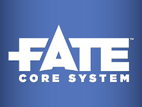 The Logo for the Fate Core System, which is the word 'Fate' in large stylized block letters, with the A rising higher than the other letters, in white on a blue gradient background, with the words 'Core System' in smaller white block letters underneath.