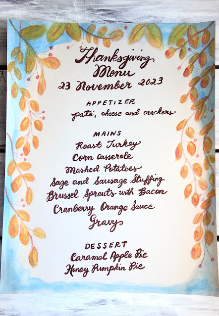 handwritten menu, menu, Thanksgiving, watercolor, brush lettering, hand lettering, calligraphy, Pentel brush pen, entertaining, blah to TADA