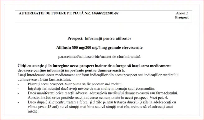 Pareri Aliflusin 500 mg/200 mg/4 mg granule. Prospect, contraindicatii, administrare, pret.