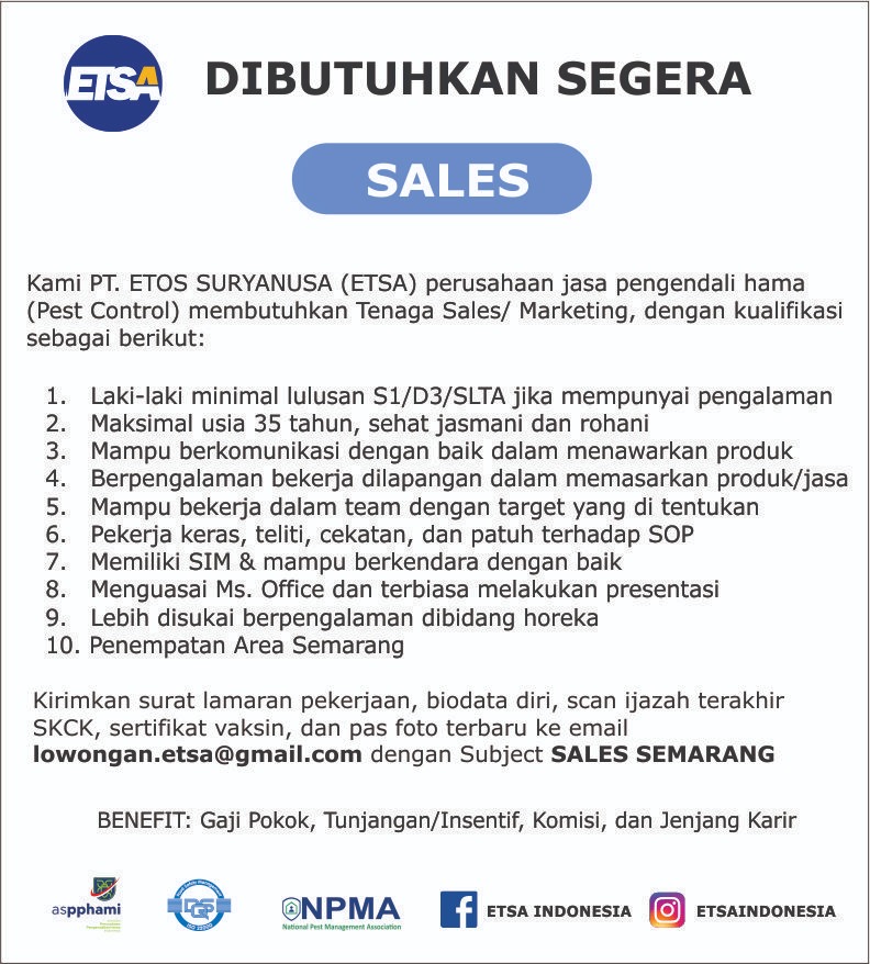Lowongan Kerja PT Etos Suryanusa Penempatan di Semarang