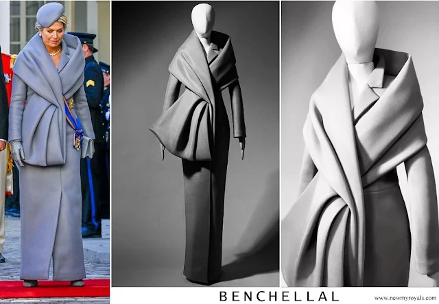 Queen Maxima wore an air-mesh ice-grey floor length coat dress by Benchellal