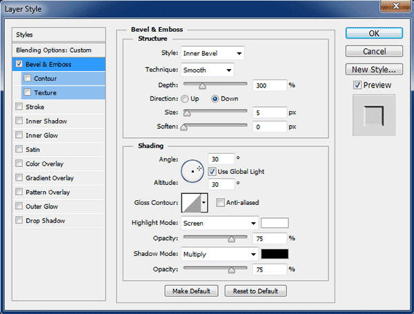 Bevel & Emboss Settings.