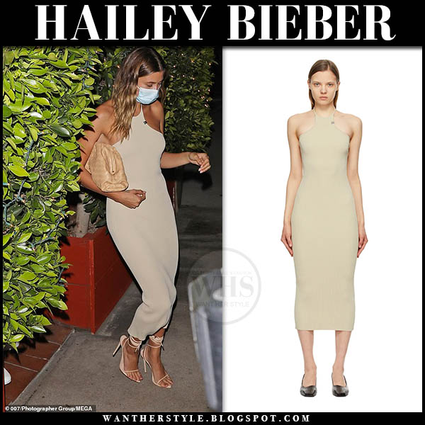 Hailey Bieber in beige tank dress and sandals at Giorgio Baldi