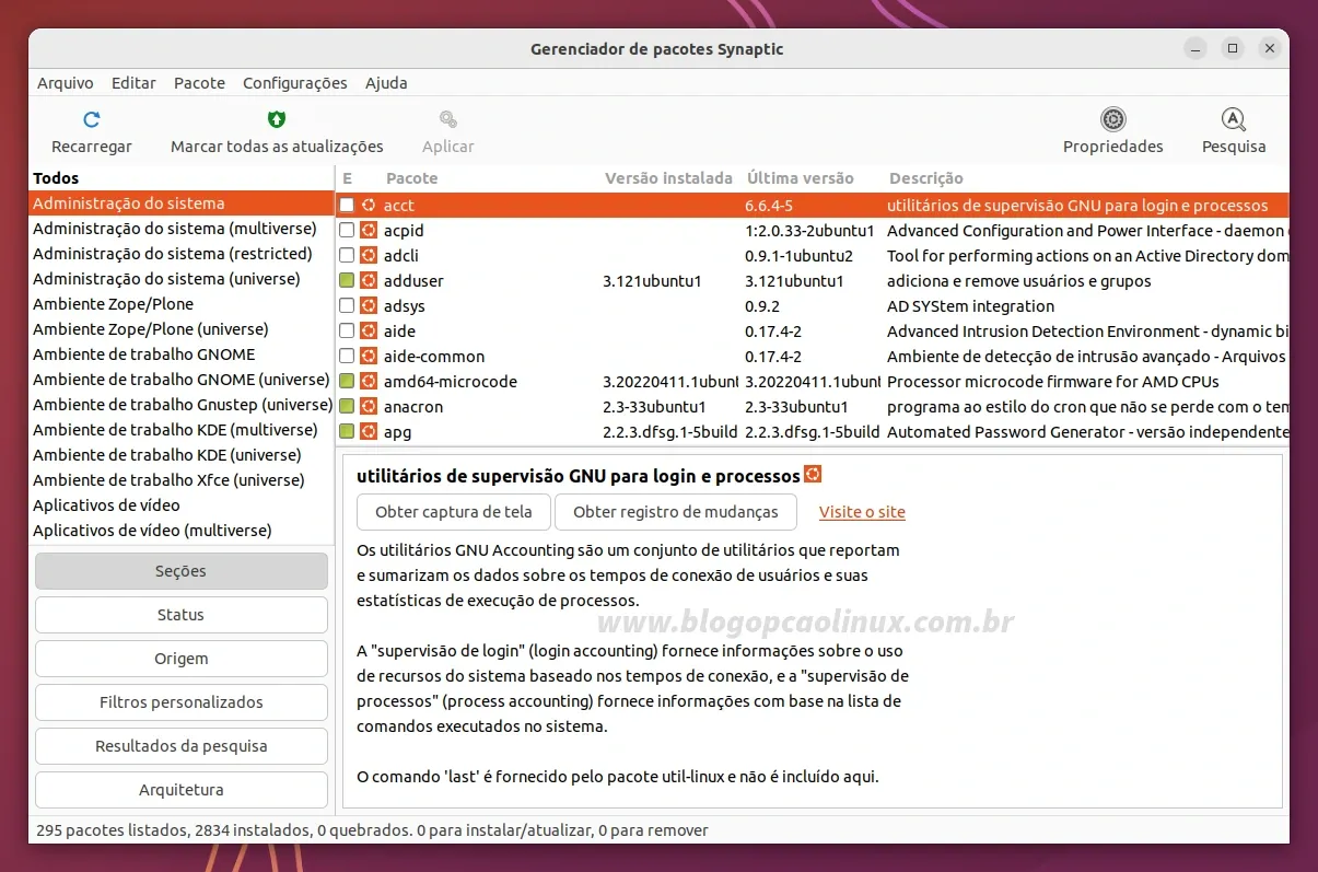 O gerenciador de pacotes e repositórios Synaptic executando no Ubuntu 22.10 (Kinetic Kudu)