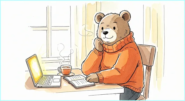 곰 캐릭터가 아침 햇살이 비치는 책상에서 노트북을 사용하는 수채화 그림. 매일 10분의 꾸준한 AI 협업 연습을 상징한다.