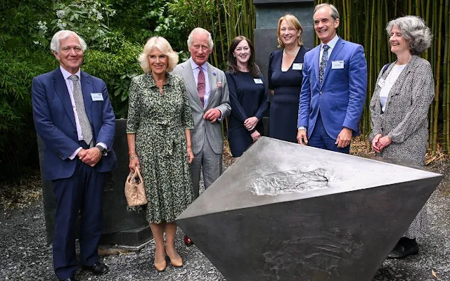 Queen Camilla wore a green floral print midi shirt dress by Samantha Cameron. Barbara Hepworth Museum and Sculpture Garden