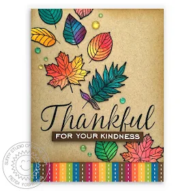 Sunny Studio Stamps: Elegant Leaves Rainbow Striped Watercolor Thankful For Your Kindness Fall Card (using Surprise Party 6x6 Patterned Paper)