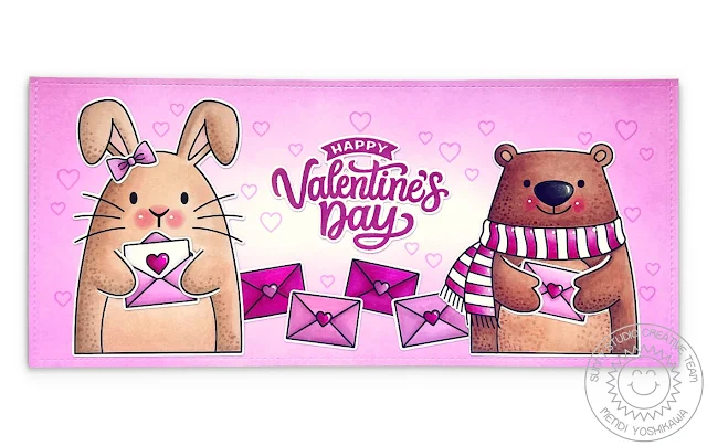 Sunny Studio Rabbit & Bear Sending Love Letters Slimline Valentine's Day Card using Big Bunny, Holiday Hugs & My Heart Clear Stamps
