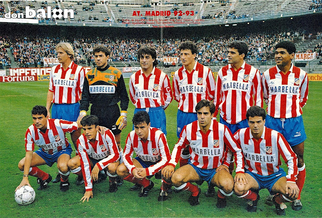 CLUB ATLÉTICO DE MADRID. Temporada 1992-93. Schuster, Abel, Futre, Vizcaino, Juanito, Donato. Manolo, Toni, Aguilera, Solozábal, Luis Garcia. CLUB ATLÉTICO DE MADRID 1 REAL SPORTING DE GIJÓN 1. Domingo, 18/10/1992. Campeonato de Liga de 1ª División, jornada 7. Madrid, estadio Vicente Calderón. Árbitro: Juan Antonio Fernández Marín. Goles: 1-0: 44’, Luis García. 1-1: 84’, Abelardo.