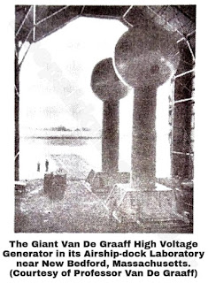 The Giant Van De Graaff High Voltage Generator in its Airship-Dock Laboratory near New Bedford, Massachusetts.(Courtesy of Professor Van de Graaff)