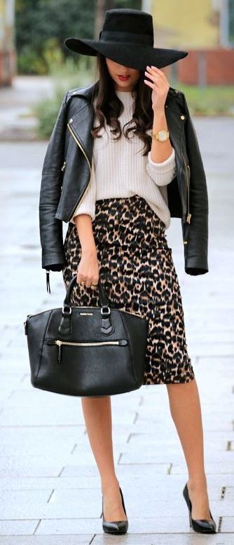 what to wear with a hat : bag + biker jacket + pencil skirt + top + heels