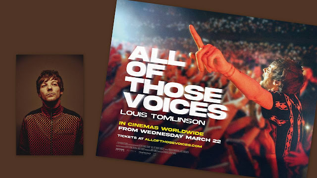 Composição com foto de Louis Tomlinson e cartaz sobre “All of Those Voices”.