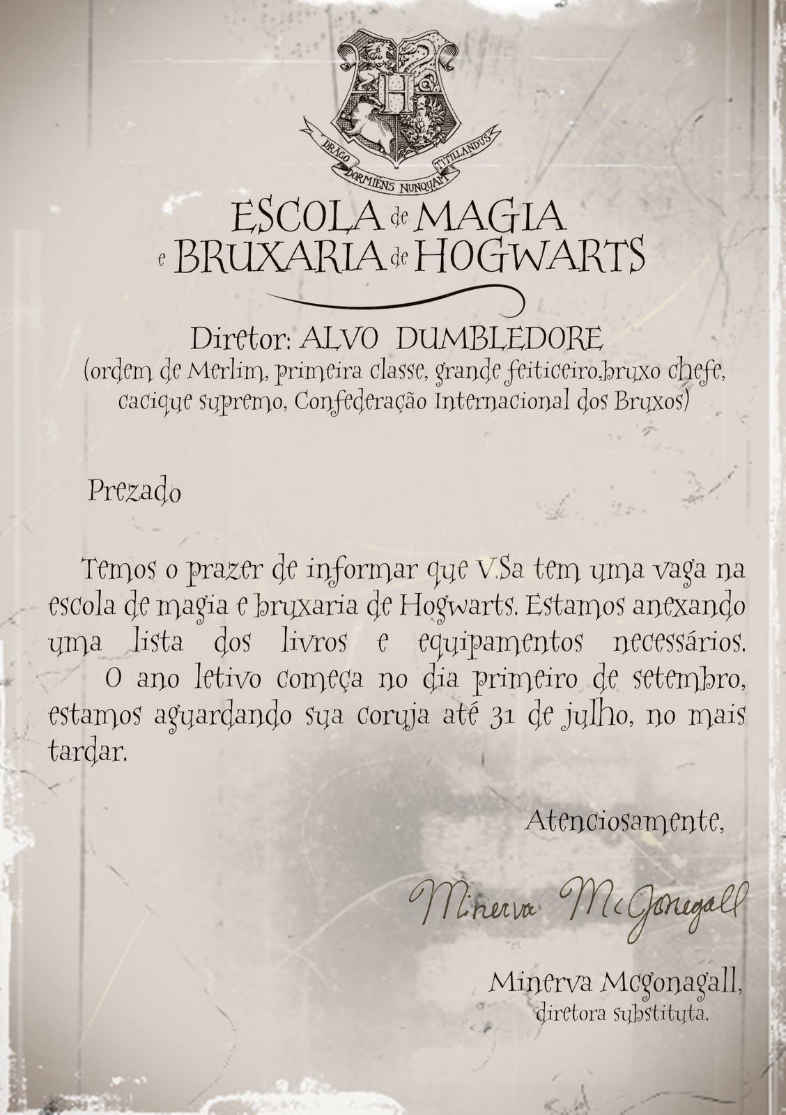 Carta de Hogwarts para Imprimir ~ Portal Muggle