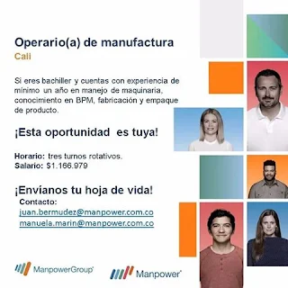 Empleo en Cali hoy como OPERARIO DE MANUFACTURA