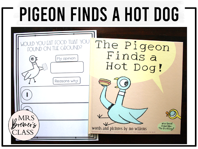 Pigeon Finds a Hot Dog book study activities unit with literacy printables, reading companion activities, lesson ideas and a craft for Kindergarten and First Grade