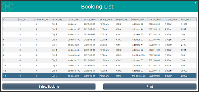 Java Car Rental System Booking List Form 1