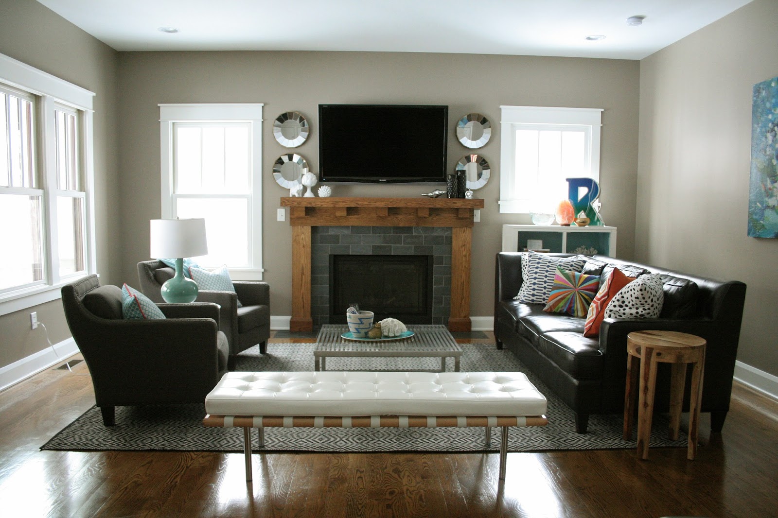 Layout #4 uses just the larger part of our sectional, opposite our two ...