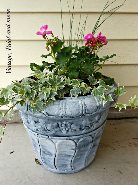 Vintage Paint and more... composite flower pots turned into French country pots with black chalkboard paint and whitewashed with white paint