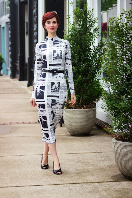 White Slinky Newspaper Print High Neck Midi Dress - Patrica from FemmeLuxeFinery.co.uk