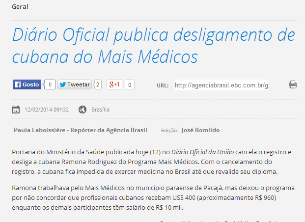 Agilidade Governamental ?! : Portaria do MS cancela o registro e desliga a cubana Ramona Rodriguez do Mais Médicos