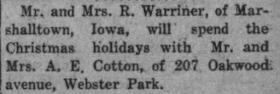 The News Times, Webster Groves, Missouri newspaper mention of Mr. and Mrs. A. E. Cotton living at 207 Oakwood Avenue