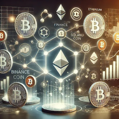A sleek and modern illustration of Decentralized Finance (DeFi), featuring interconnected blockchain nodes and popular cryptocurrency symbols like Ethereum, Binance Coin, and Solana. The design emphasizes the innovation and accessibility of the DeFi ecosystem with a clean blue and white color palette