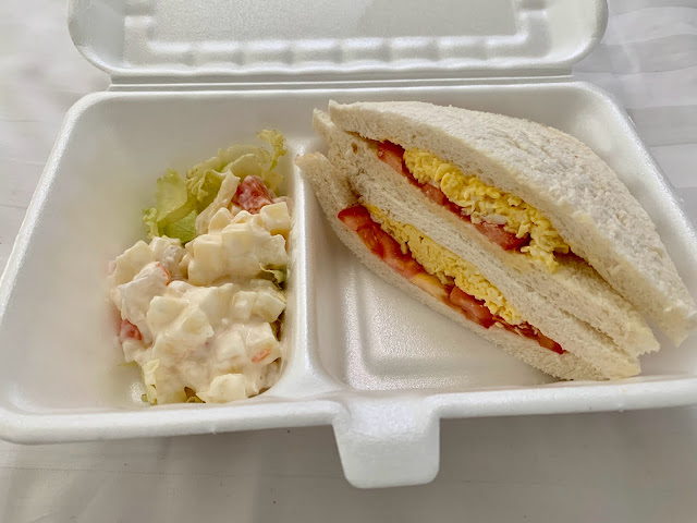 Styrofoam container with a scrambled egg & tomato sandwich, fruit & potato salad