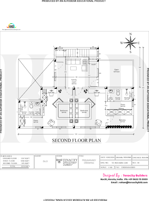 Second floor plan of the exquisite 3-storey residence in Kakkanad, Kerala, highlighting two bedrooms with attached toilets, dressing rooms, a balcony, and an upper living area
