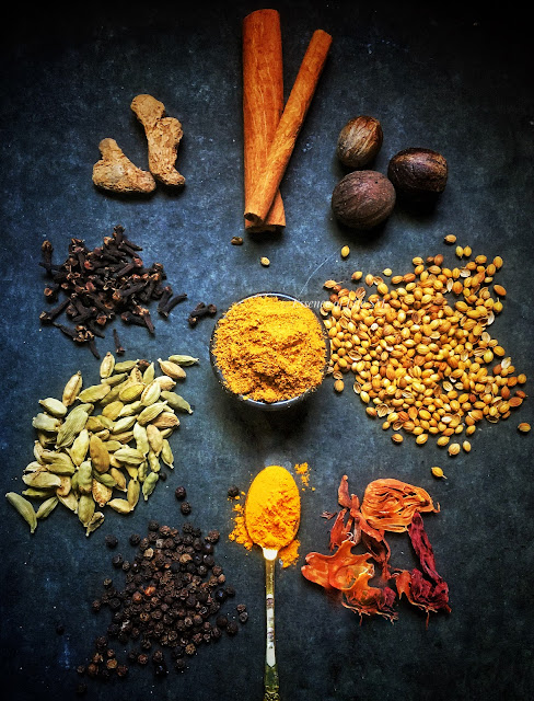 A flat lay image of various spices arranged in a circle, with a bowl of homemade Hawaij spice mix placed at the center."