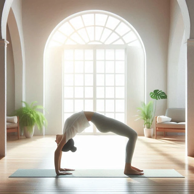 Person in Setu Bandhasana (Bridge Pose) on a yoga mat in a bright room, highlighting the back arch.