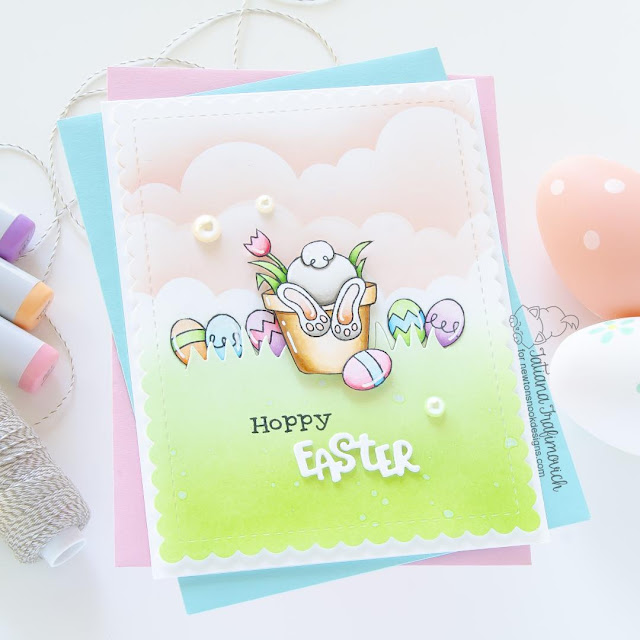 Hoppy Easter Card by Tatiana Trafimovich | Bunny Hop Stamp Set, Frames & Flags Die Set, Land Borders Die Set, Clouds Stencil and Spring Pile Up Die Set by Newton's Nook Designs #newtonsnook #handmade